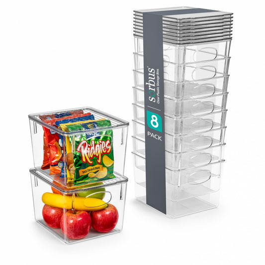 Sorbus Medium Plastic Storage Bins with Lids - for Kitchen Organization Pantry Organizers and Storage Fridge Organizer Cabinet Organizer Refrigerator Organizer Bins - Clear Storage Bins (8 pack)